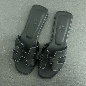 Black Leather Slides